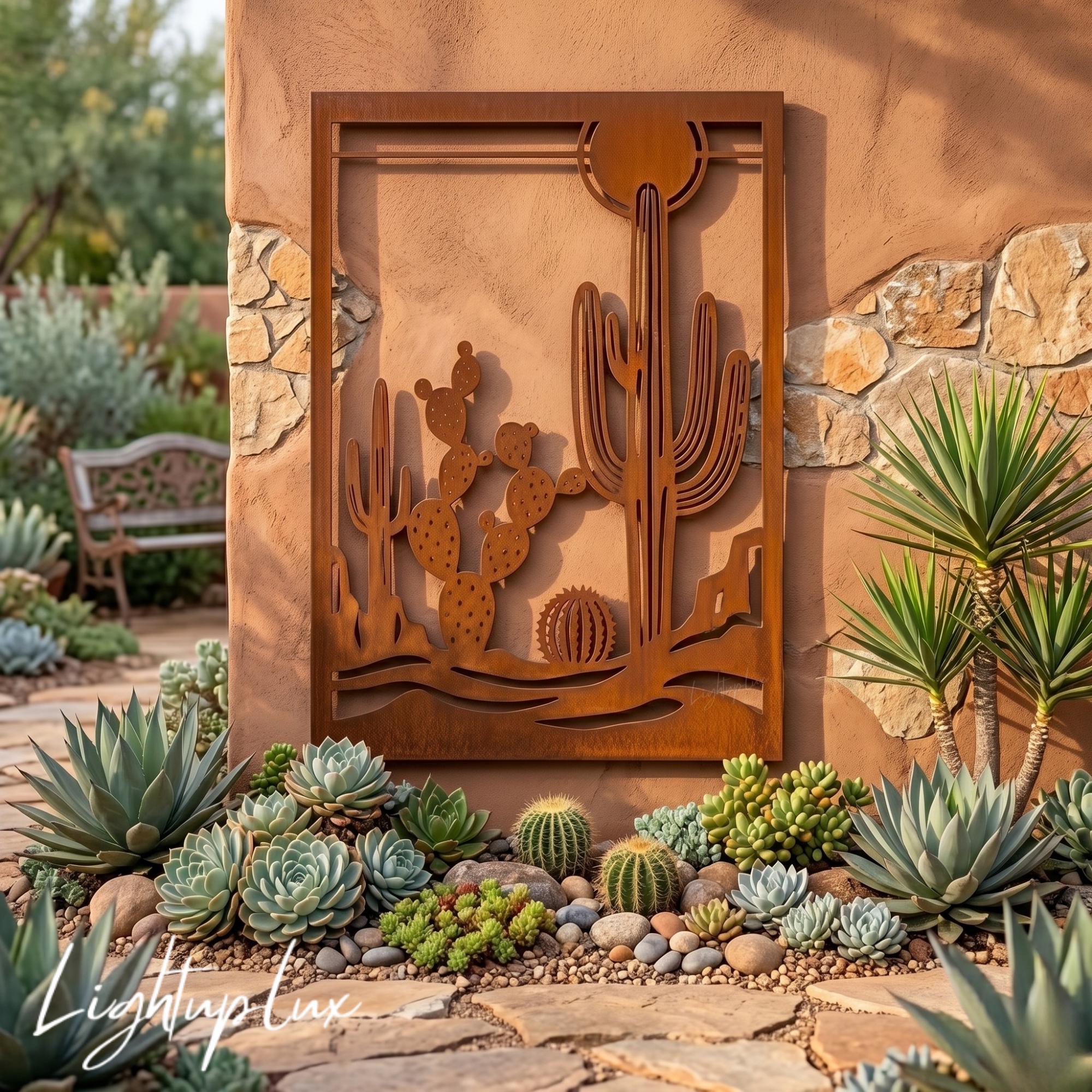 Desert Cactus Metal Garden Wall Panel, Southwestern Rusty Steel Screen ...