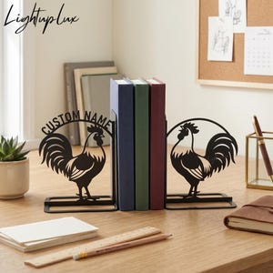 Farmhouse Rooster Metal Bookend, Country Kitchen Shelf Decor, Rustic Bird Book Stand