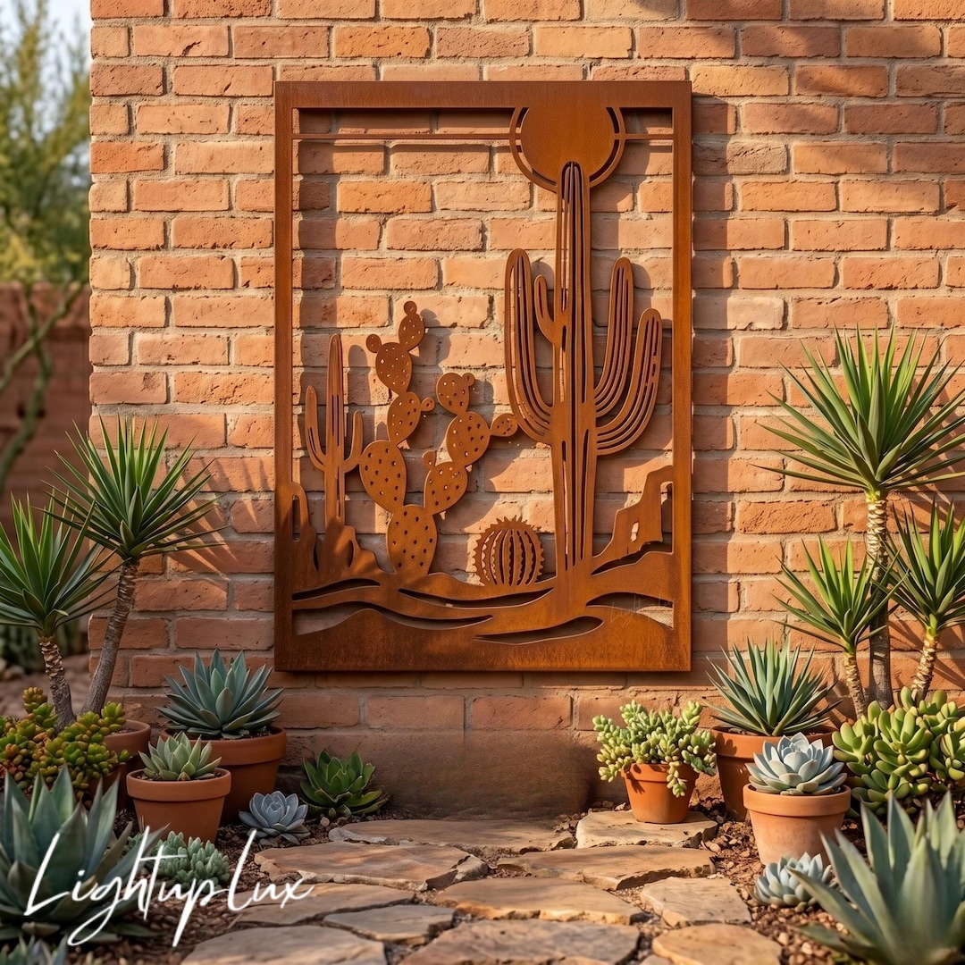 Desert Cactus Metal Garden Wall Panel, Southwestern Rusty Steel Screen ...