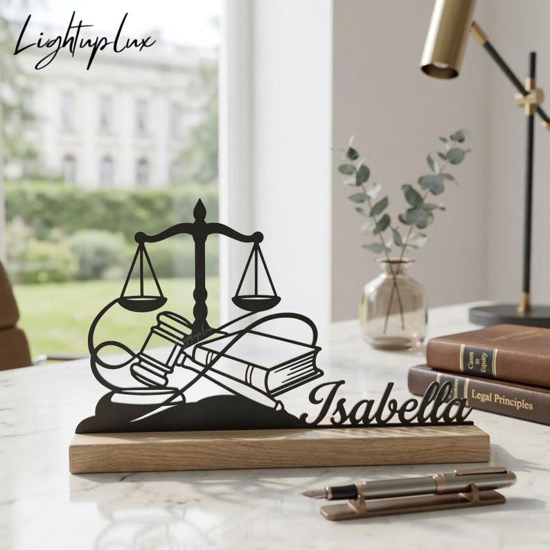 May include: A black metal desk sign featuring a gavel, scales of justice, a book, and a pen, with the name "Isabella" cut out. The sign is mounted on a wooden base. The brand name "LightupLux" is in the top left corner.
