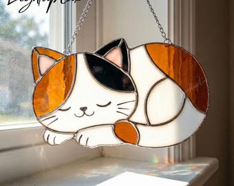 Sleeping Cat Stained Glass Suncatcher, Handmade Kitty Window Hanging, Charming Pet-Lover Home Decor Gift for Cat Lovers