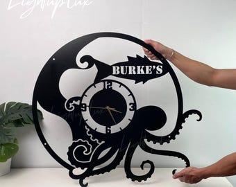 Reloj de pared de metal con forma de pulpo personalizado/Reloj de metal único/Relojes de pared personalizados con forma de pulpo oceánico para decoración del hogar/Regalo para amantes de los pulpos