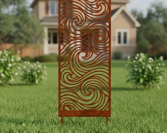 May include: A rectangular metal privacy screen featuring a laser-cut pattern of swirling, wave-like lines. The screen has a weathered, rusted brown finish and is supported by two thin metal legs that are inserted into the ground.