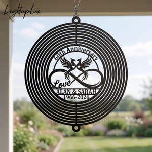 Personalized 60th Anniversary Wind Spinner, Love Birds Metal Yard Art, Romantic Infinity Symbol Patio Hanging Lawn Decor