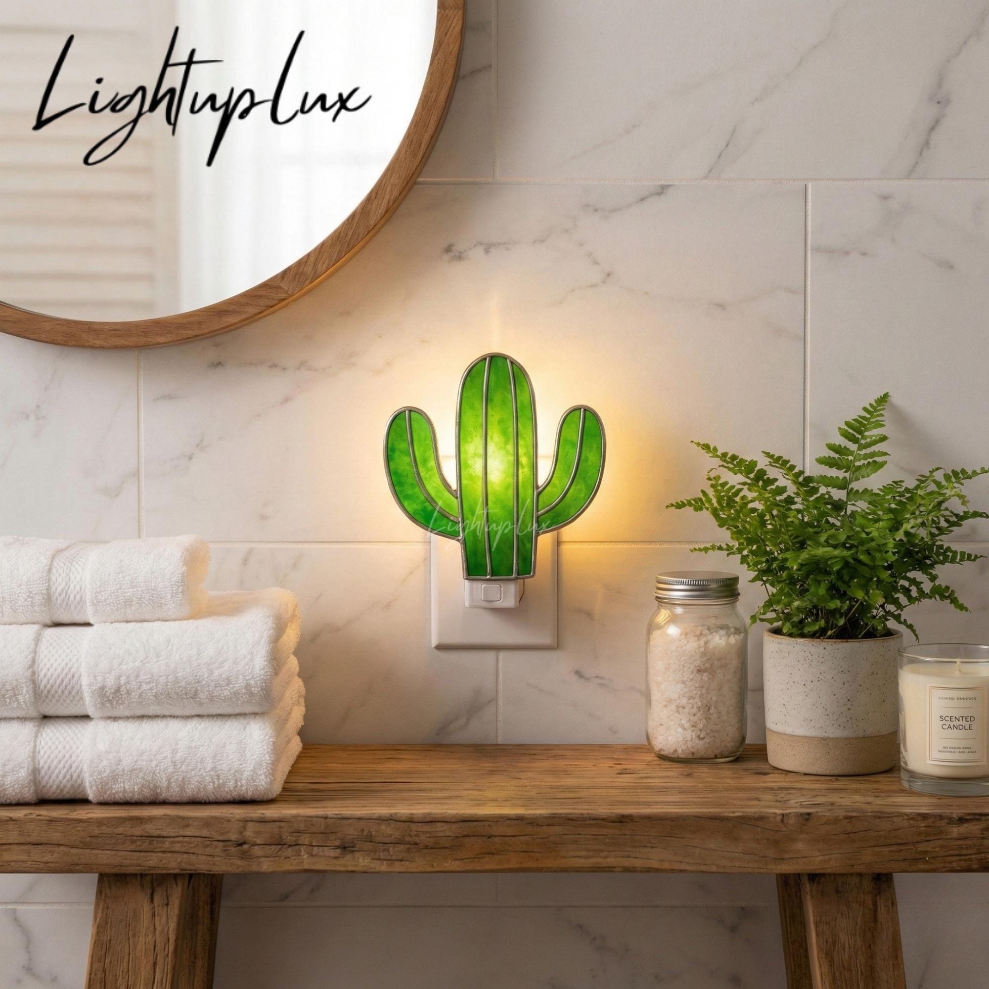Cactus Stained Glass Night Light, Handmade Plug-in Lamp for