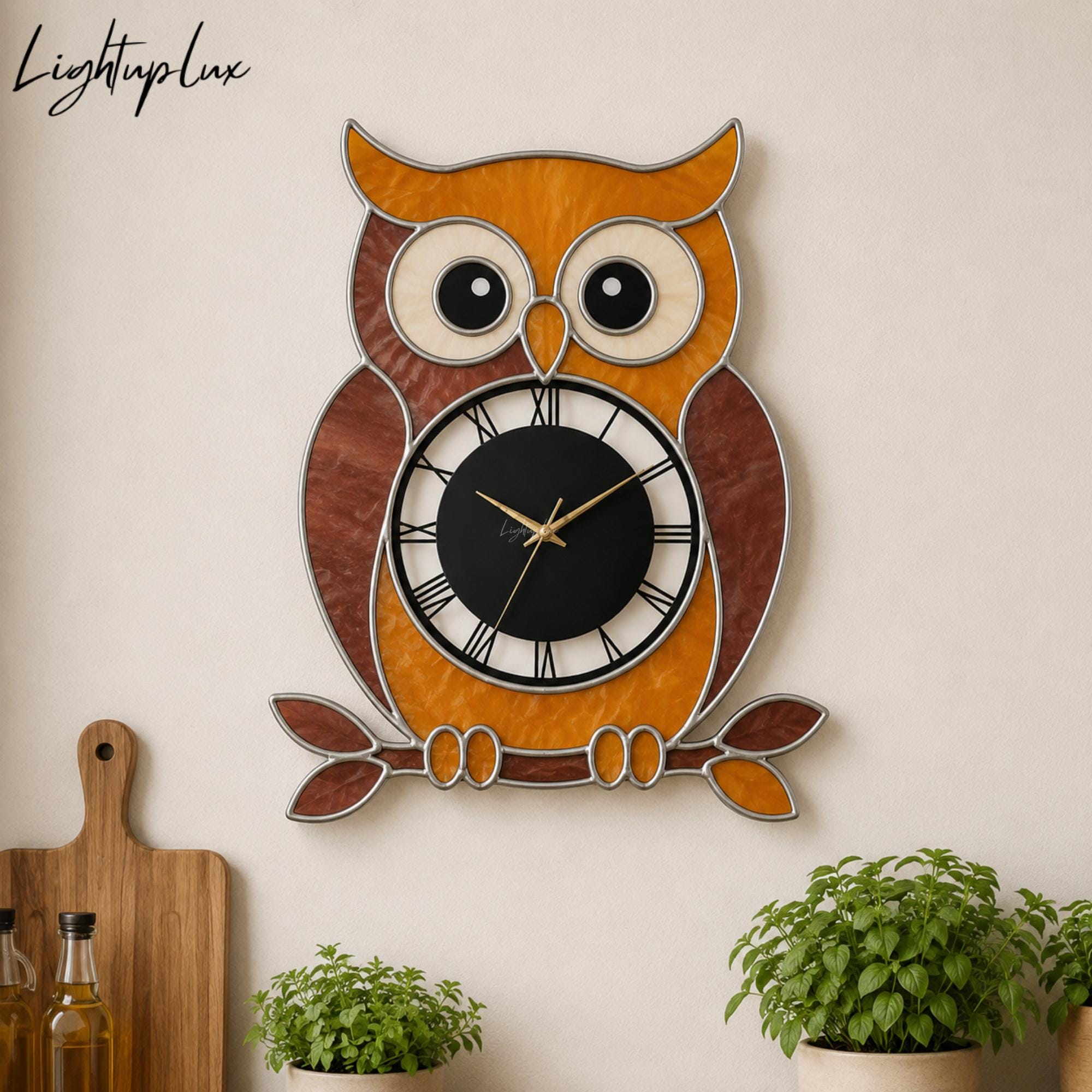 Wise Owl Stained Glass Wall Clock, Unique Woodland Bird Gift for Animal Lovers