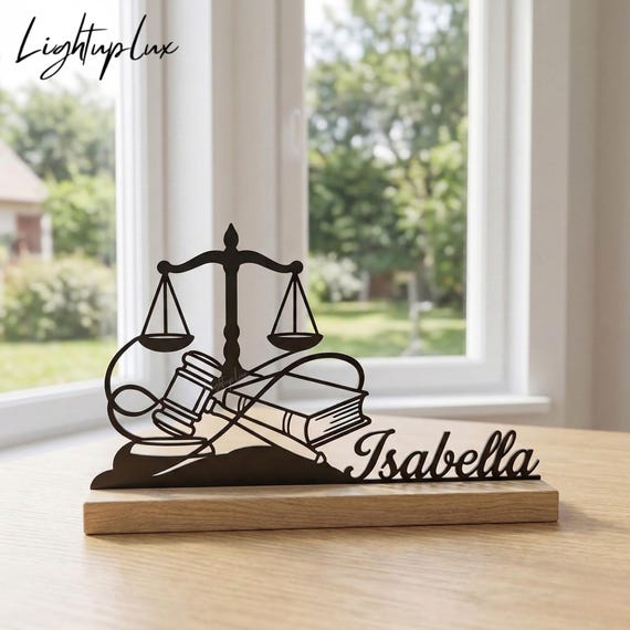 Custom Name Lawyer Metal Desk Decor, Personalized Justice Scale Table Art with Wooden Base, Law Student or Attorney Gift