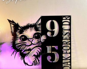 Custom Cat House Number Sign | Personalized Cat House Address Sign | Metal Address Decor | Outdoor House Number Address | Cat Lovers Gift