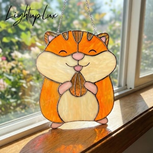 Hamster Stained Glass Suncatcher, Cute Chubby Pet Window Hanging in Orange Glass, Handmade Animal Lover Decor and Adorable Gift for Kids