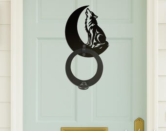 Wolf Door Knocker for Front Door | Wolf On The Moon Metal Art | Home Door Decor | Custom Door Hardware | New Home Gift | Wolf Lover Gift