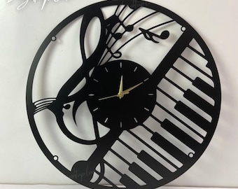 Reloj de pared musical único para decoración del hogar y arte mural / Decoración de tienda de instrumentos musicales / Relojes modernos personalizados para pianistas / Regalo para músicos