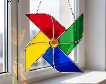 Pinwheel Stained Glass Suncatcher, Handmade Rainbow Window Decor, Geometric Sun Catcher