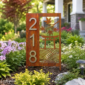 Japanese Torii Gate Metal Address Yard Stake, Custom Zen Maple Leaf Garden Sign
