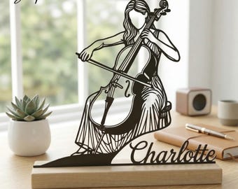 Decoración de escritorio metálica personalizada para violonchelista, arte de mesa para violonchelista con nombre personalizado y base de madera.