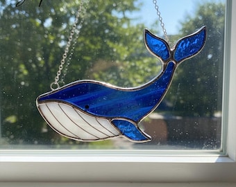 Whale Stained Glass Suncatcher, Handmade Blue Ocean Window Hanging Decor, Nautical Marine Glass Art Gift for Beach House or Sea Lovers
