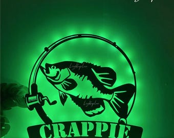 Personalized Black Crappie Freshwater Fishing Metal Wall Art Led Light | Custom Crappie Fish Name Sign Wall Decor| Fishing Sign Decor