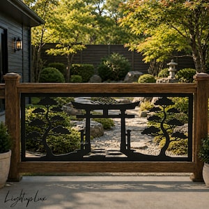 May include: A black metal railing insert featuring a central torii gate silhouette flanked by two stylized pine trees. The rectangular panel is framed by a brown wooden railing structure, showcasing a detailed cut-out design with clean lines.