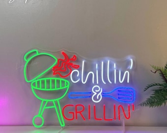 Chilling And Grilling Neon Sign | Steak BBQ Neon Light | Barbecue Restaurant Wall Art | Grill Meat Bar Led Light | Kitchen Home Wall Decor