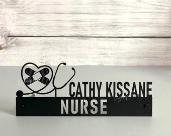 Personalized Wooden School Nurse Desk Name Plate | Custom Metal Name Sign with Stethoscope | Nurse Office Decor | Gift for Nurses