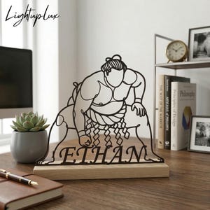 Personalized Sumo Wrestler Metal Desk Decor, Custom Name Table Art with Wooden Base, Japanese Martial Arts