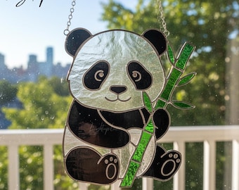 Panda Stained Glass, Cute Handmade Window Suncatcher, Adorable Glass Hanging Art for Kids Room and Nursery Decor, Gift for Animal Lovers