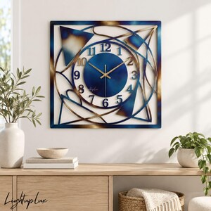 Peut inclure: Une horloge murale carrée dotée d'un cadran circulaire bleu avec des chiffres bleu foncé de 1 à 12 et des aiguilles dorées. Le cadre présente un design géométrique abstrait en métal dans des tons bleu et bronze, avec le texte Lightup Lux visible.