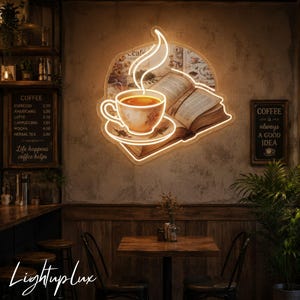 Coffee Cup Book Neon Sign, Cozy Reading Corner Wall Art, Cafe LED Light for Library Living Room Decor