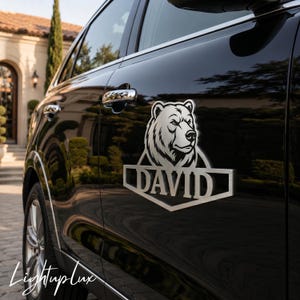 Può includere: Un emblema in metallo color argento fissato sulla fiancata di un veicolo nero. L'emblema presenta una grafica dettagliata di una testa di orso posizionata sopra un banner orizzontale contenente il nome DAVID in lettere maiuscole, grassetto e senza grazie.