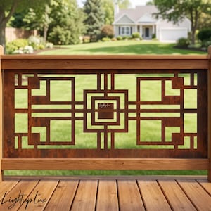 May include: A rectangular metal railing panel with a rust-colored finish and a geometric cutout pattern featuring nested squares and rectangles. The panel is framed by horizontal wooden beams and includes the text Lightuplux in the center.