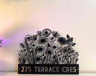 Letrero de número de casa de metal con flores personalizado / Placa de dirección de metal con flores personalizadas / Letrero de dirección con flores / Letrero de número de casa para exteriores