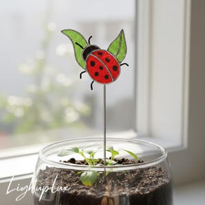 May include: A decorative garden stake featuring a red ladybug with black spots and green leaves. The ladybug is mounted on a silver metal stake, placed in a glass pot with soil and a small plant. The image is taken near a window.