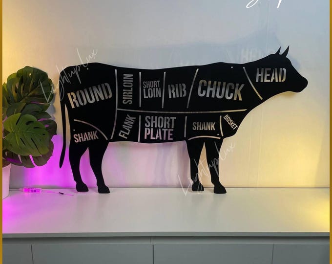 Personalized BEEF CUTS Metal Sign Wall Art | Custom Cow Butcher Shop Chart | Laser Cut Metal Led Wall Decor | Farmhouse Kitchen Decoration