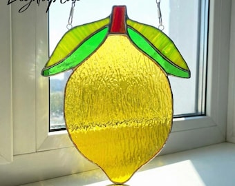 Lemon Stained Glass Suncatcher for Window, Handmade Citrus Glass Hanging Decor, Fresh Summer Fruit Gift for Kitchen Home