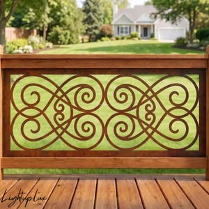 May include: A wooden deck railing featuring a central rectangular metal panel with a rust-colored finish and a symmetrical, intricate scrollwork cutout design. The railing is constructed from horizontal wooden planks and posts.