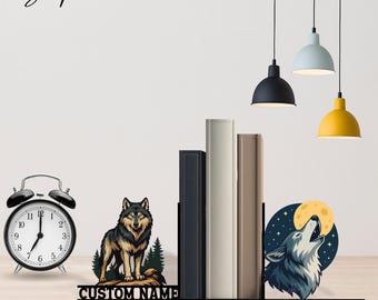 Sujetalibros metálico personalizado con forma de lobo / Regalo personalizado para amantes de los lobos / Tope de libros de metal negro / Soporte para libros para decoración de oficina / Detalle para rincón de lectura