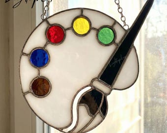 Painter Palette Stained Glass, Handmade Artist Decor Window Suncatcher with Paint Brush, Creative Art Gift for Painters and Art Lovers