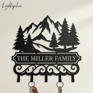Mountain Metal Key Holder, Pine Tree Landscape Wall Hook Rack, Rustic Iron Decor