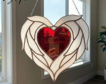 Angel Wings Heart Stained Glass Art, Handmade Window Suncatcher, Meaningful Gift for Loved Ones