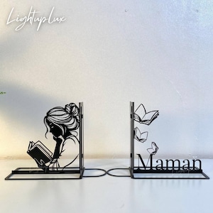 Personalized Girl Reading Book Metal Bookends | Metal Book Holder for Book Lovers | Girl Book Stopper for Library | Bookish Table Sign Decor