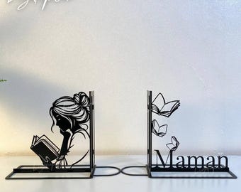 Personalized Girl Reading Book Metal Bookends | Metal Book Holder for Book Lovers | Girl Book Stopper for Library | Bookish Table Sign Decor