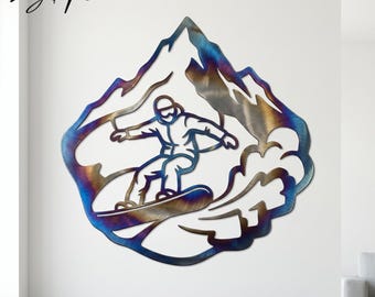 Snowboarder Wall Art, Winter Mountain Silhouette, Fire Roasted Metal, Ski Lodge Wall Decor