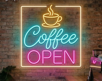 Neonreclame koffie open, espressokopje led-muurkunst voor decor café of drankwinkel, neonlichtcadeau voor café-eigenaren