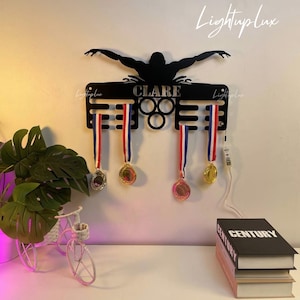 Personalized Swimming Medal Hanger Metal Wall Art Led Light | Custom Swimmer Name Sign| Medal Display Awards Sign
