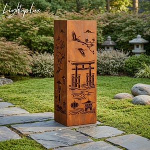 Japanese Garden Metal Column, Rustic Steel Outdoor Yard Art for Zen Patio Decor, Gift for Garden Lovers