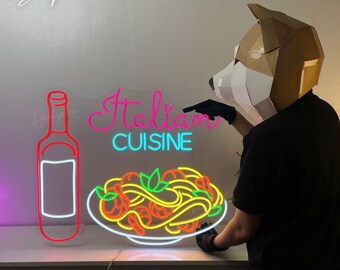 Neon z włoską kuchnią | Włoski makaron i wino | Niestandardowe oświetlenie LED do wystroju włoskiej restauracji | Szyld sklepu ze spaghetti