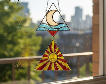 Sun and Moon Stained Glass Suncatcher, Handmade Celestial Window Hanging Decor, Cosmic Balance Glass Art Gift for Mom