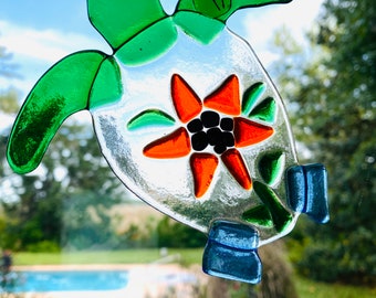 Fused Glass Turtle with red flower Suncatcher - FREE SHIPPING