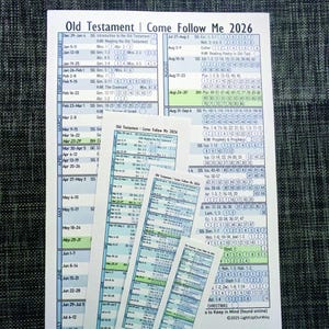May include: A stack of printed paper sheets with text, including a calendar for "Old Testament | Come Follow Me 2026." The pages have blue and green accents, with dates and references.