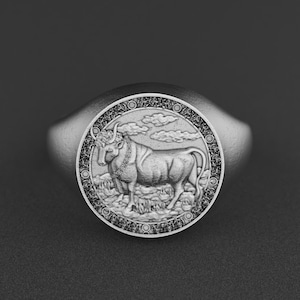 Taurus Zodiac Ring, Sterling Silver Bull Signet Ring, Handmade Astrology Jewelry, Oxidized Horoscope Ring, Taurus Gift for Men & Women
