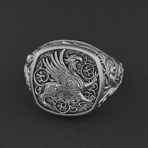 Griffin Signet Ring, Mythical Creature Jewelry, Sterling Silver Mens Ring, Gryphon Square Signet, Ancient Mythology Gift